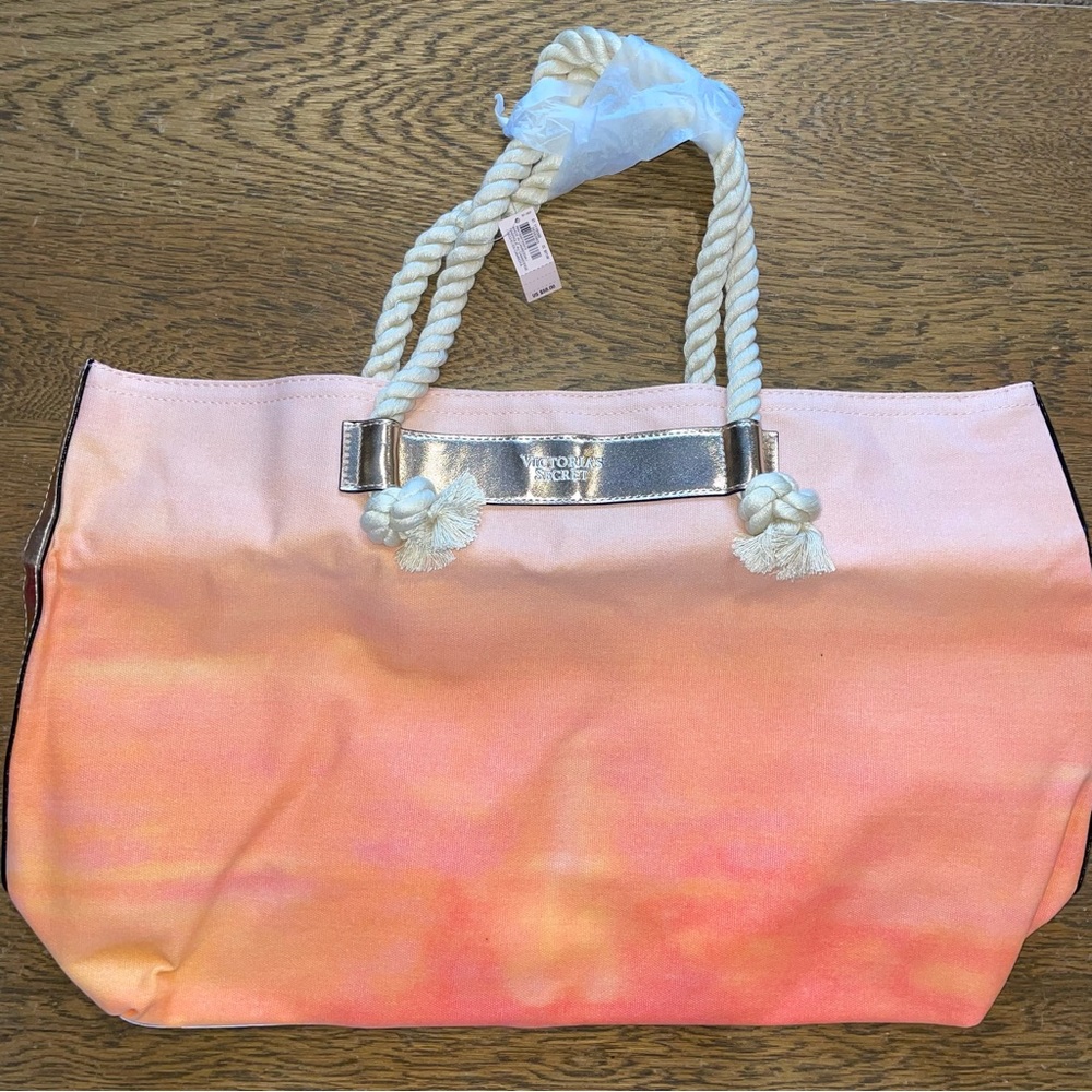 Victoria Secret Shoulder Tote Bag Braided Rope Handles Beach Peach Ombre